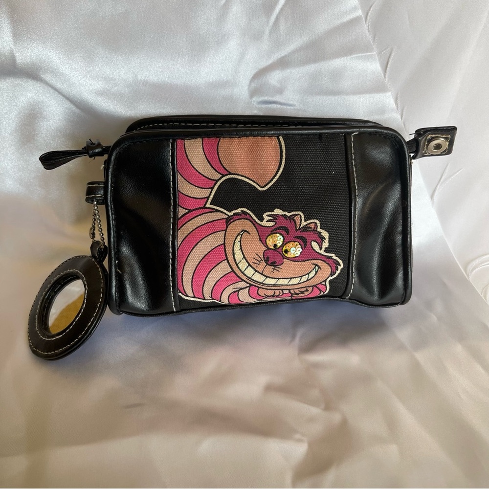Disney Cheshire Cat Clutch Small Purse Bag w/mirror Black Pink faux leather